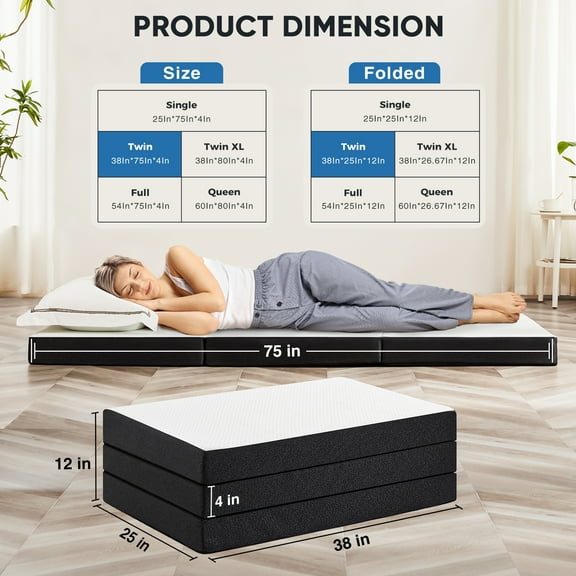 Gianna 4" Twin Size Tri-fold Memory Foam Mattress, Foldable Mattress