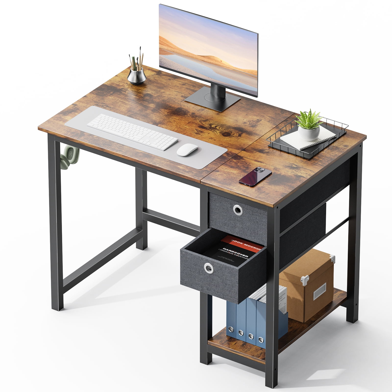 GIANNA 40 Inch Computer Desk, With 2-Tier Drawers Storage Shelf, Side Headphone Hook, Rustic Brown