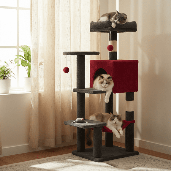 GIANNA 44-Inch Cat Tower with Large Condo, Climbing Ladder, and More Cat Stuff, Black Red