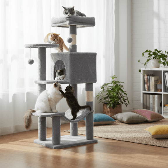 GIANNA 44-Inch Cat Tower with Large Condo, Climbing Ladder, and More Cat Stuff, Light Grey
