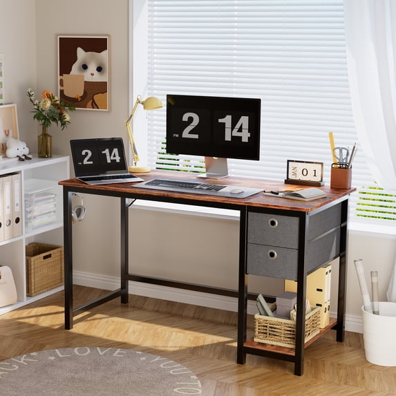 GIANNA 47 Inch Compact Computer Desk with Drawers, Space-Saving Wooden Study Table for Small Spaces, 2-Tier Storage Shelf for Home Office, Kids Room, or Bedroom, Rustic Brown