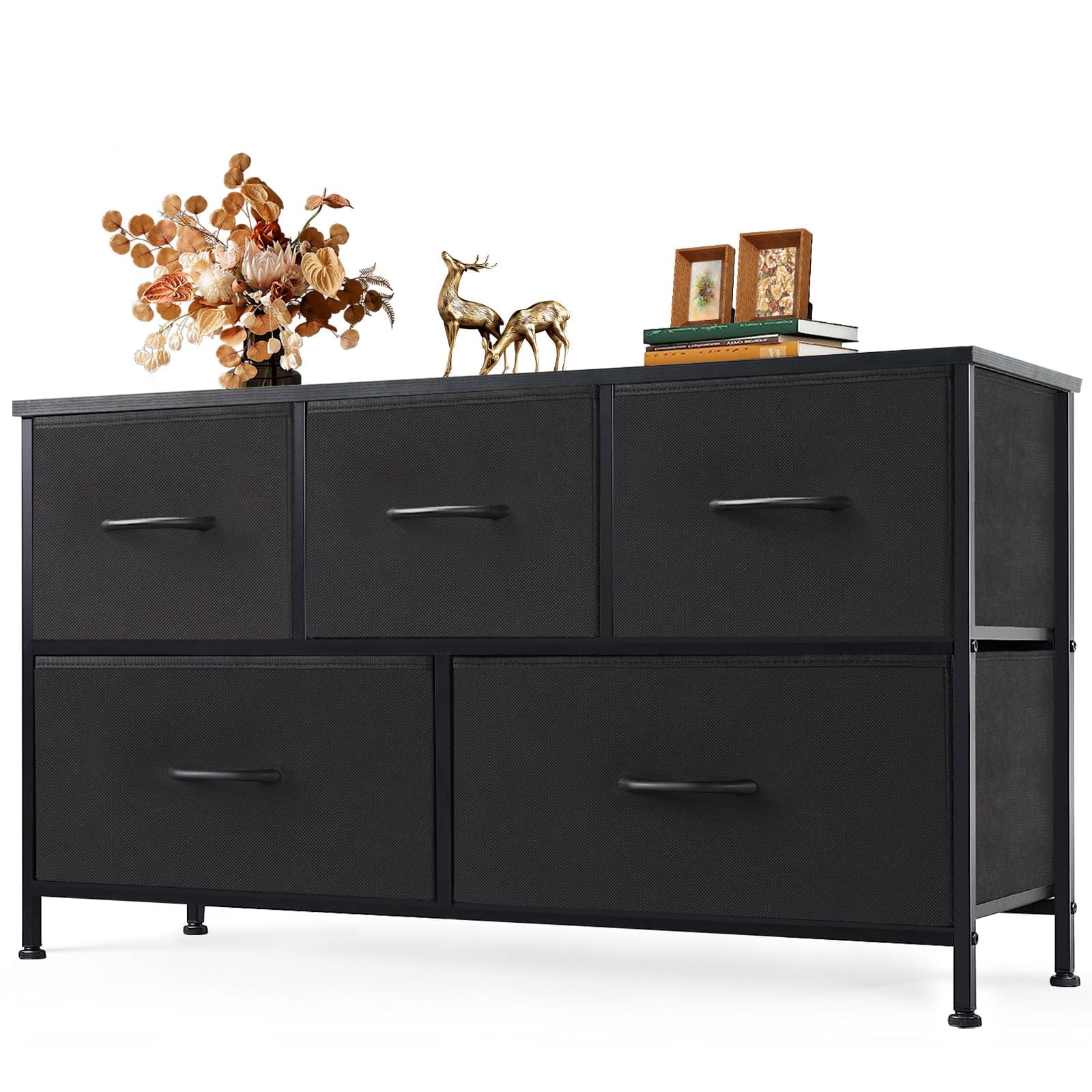 JIOABL 5 Drawer Chest Organizer with Fabric Bins, Dresser for Bedroom, Tall Steel Frame, Black