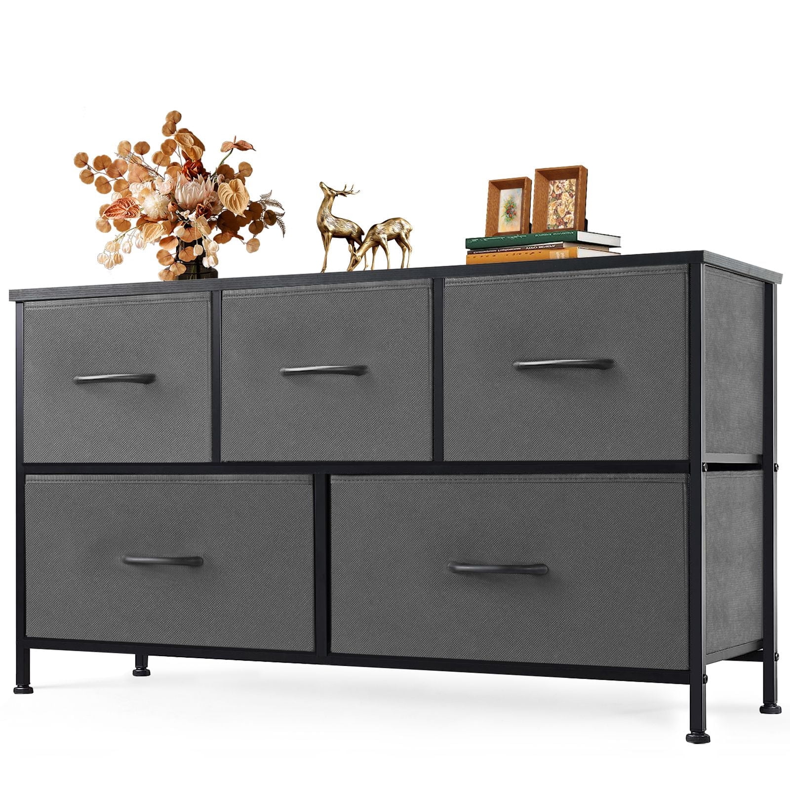 JIOABL 5 Drawer Chest Organizer with Fabric Bins, Dresser for Bedroom, Tall Steel Frame, Grey