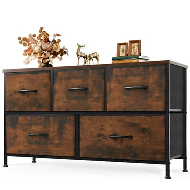 GIANNA 5 Drawer Chest Organizer with Fabric Bins, Dresser for Bedroom, Tall Steel Frame, Rustic Brown