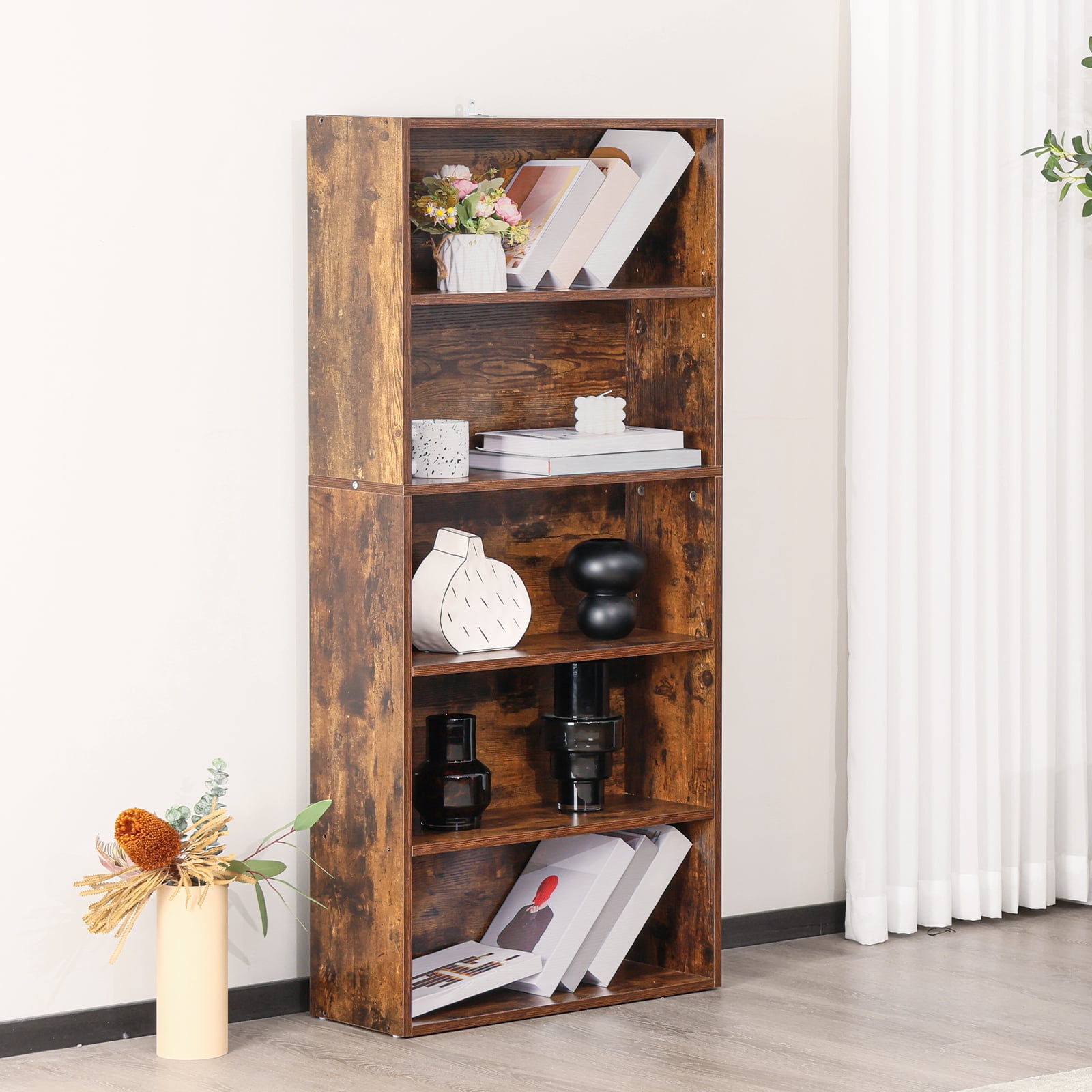 GIANNA 5-Shelf Bookcase, Floor Standing Storage Shelves, Rustic