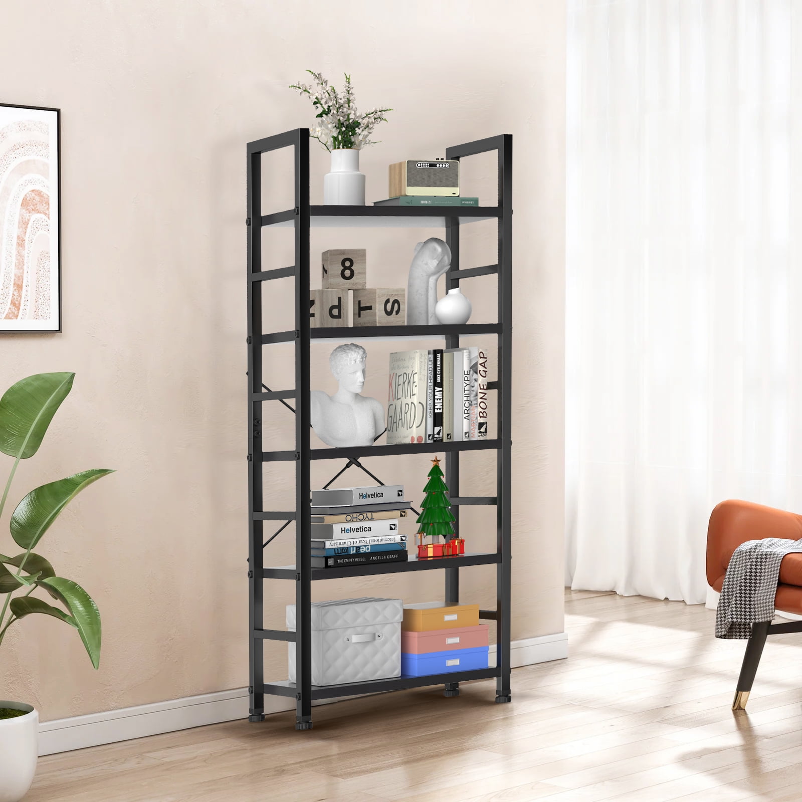 GIANNA 5-Shelf Wood and Metal Storage Shelf with Adjustable Feet, Waterproof & Scratch-Resistant, Black