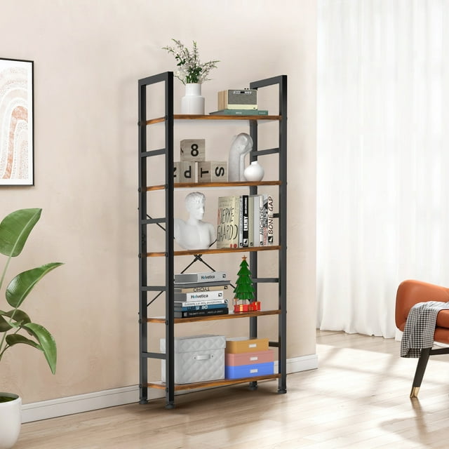 GIANNA 5-Shelf Wood and Metal Storage Shelf with Adjustable Feet, Waterproof & Scratch-Resistant, Rustic Brown