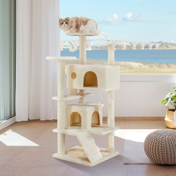 GIANNA 54-Inch Cat Tower with Large Condo, Climbing Ladder, and More Cat Stuff, Beige