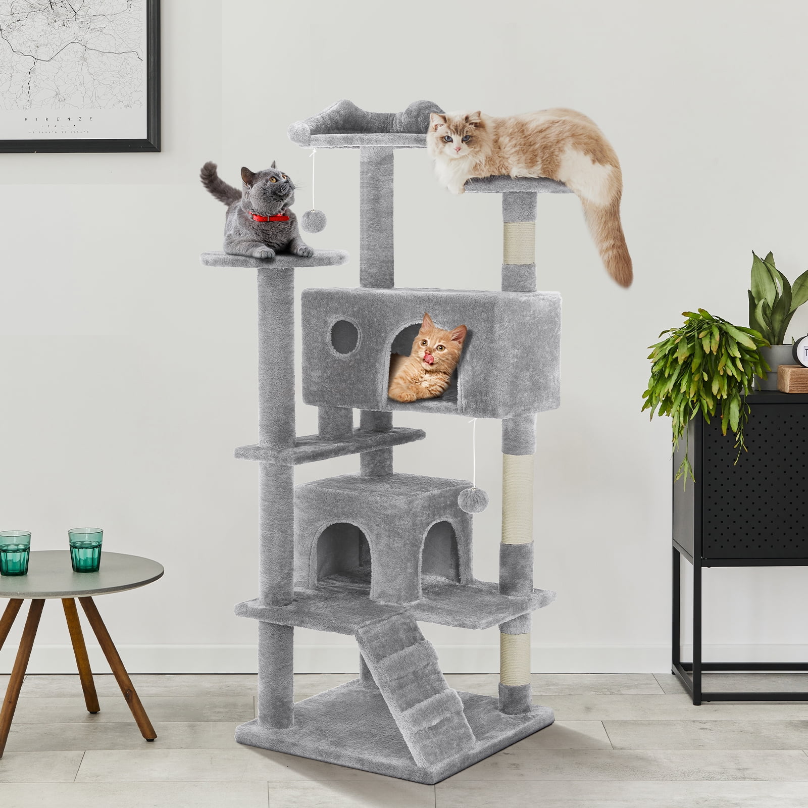 GIANNA 54-Inch Cat Tower with Large Condo, Climbing Ladder, and More Cat Stuff, Light Grey