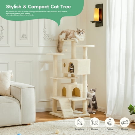 JIOABL 54-Inch Cat Tree Tower - Multi-Level Cat Tower with Large Condo, Natural Sisal Scratching Post, Climbing Ladder, Beige