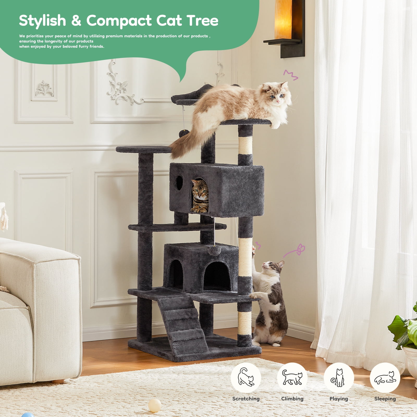 JIOABL 54-Inch Cat Tree Tower - Multi-Level Cat Tower with Large Condo, Natural Sisal Scratching Post, Climbing Ladder, Grey