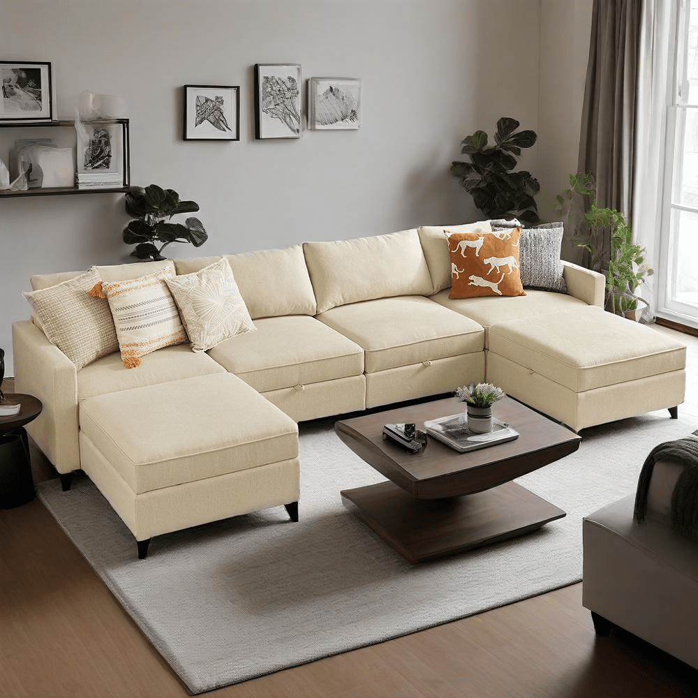 GIANNA 6 Seat Convertible Sectional Sofa Couch, U-Shaped Modern Modular Sofa Sleeper with Ottoman, For Living Room, Beige