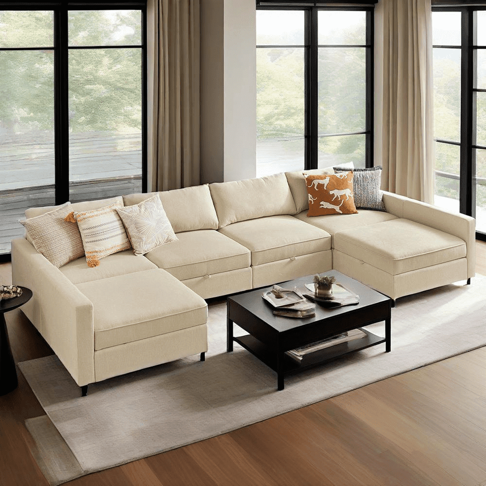 GIANNA 6 Seat Convertible Sectional Sofa Couch, U-Shaped Modern Modular Sofa Sleeper with Ottoman, For Living Room, Beige