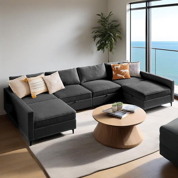 GIANNA 6 Seat Convertible Sectional Sofa Couch, U-Shaped Modern Modular Sofa Sleeper with Ottoman, For Living Room, Gray