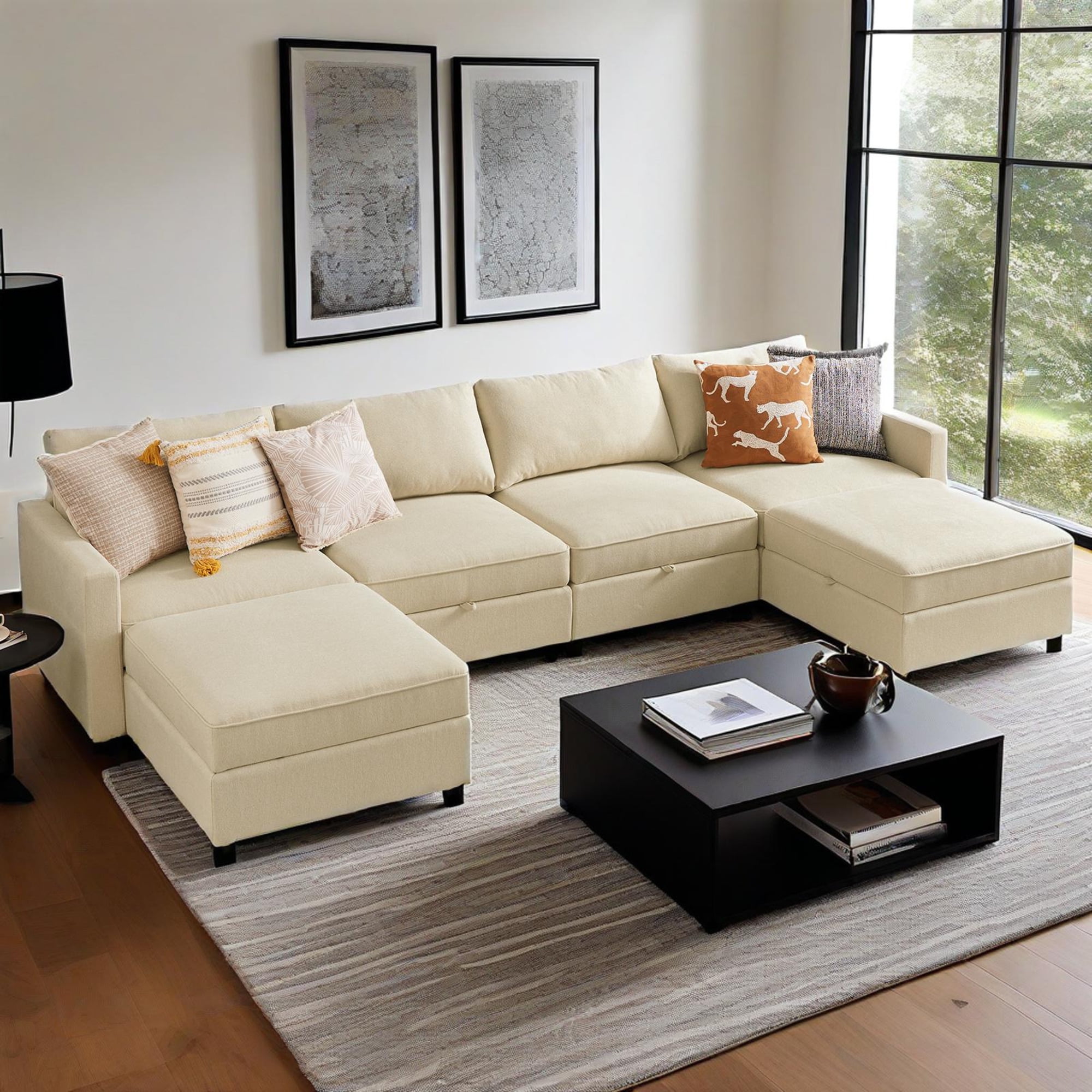 GIANNA 6-Seat Convertible Sectional Sofa with Storage, Modern L-Shaped Sleeper Sofa with Ottoman, Extra Deep Seat Cushions, Soft Fabric, Beige