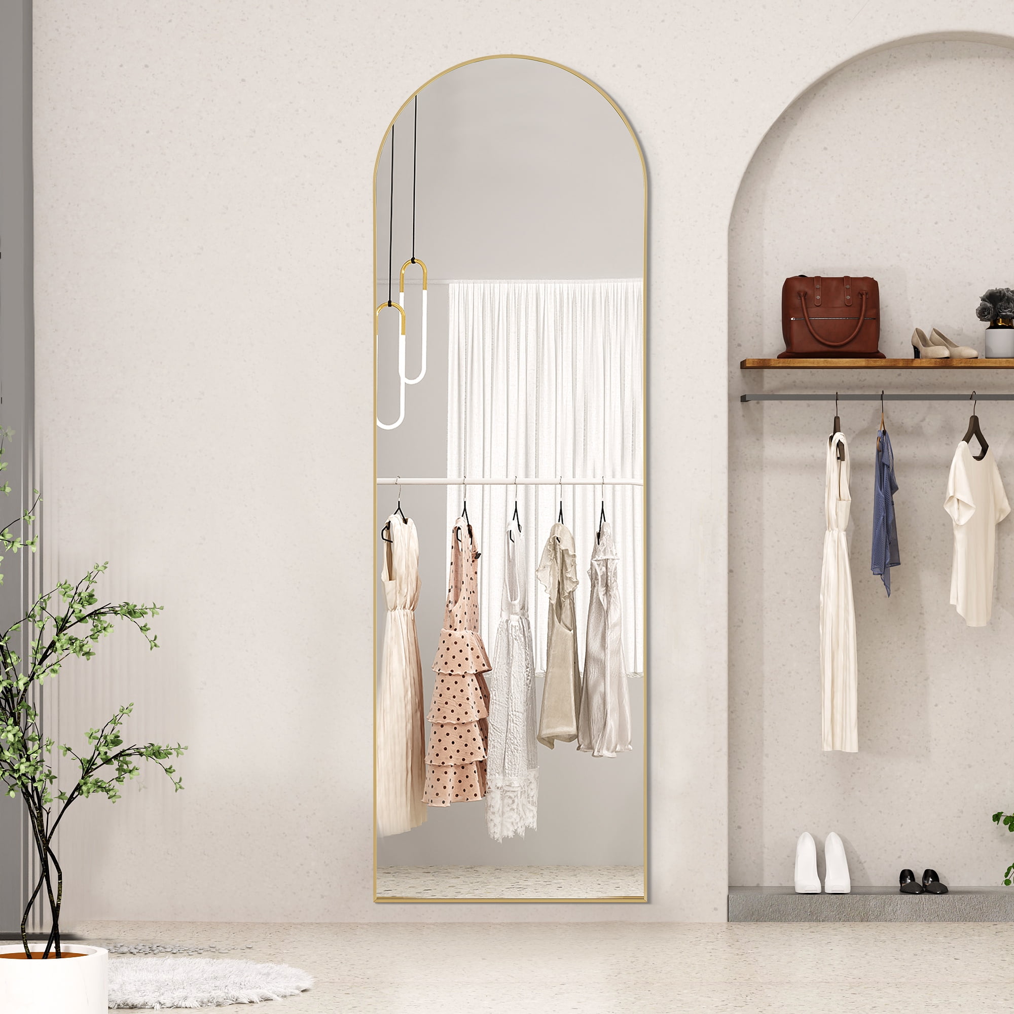 Zunmos 64"x21" Arched Full-Length Mirror with Stand or Wall, Gold Aluminum Frame for Bedroom or Livingroom