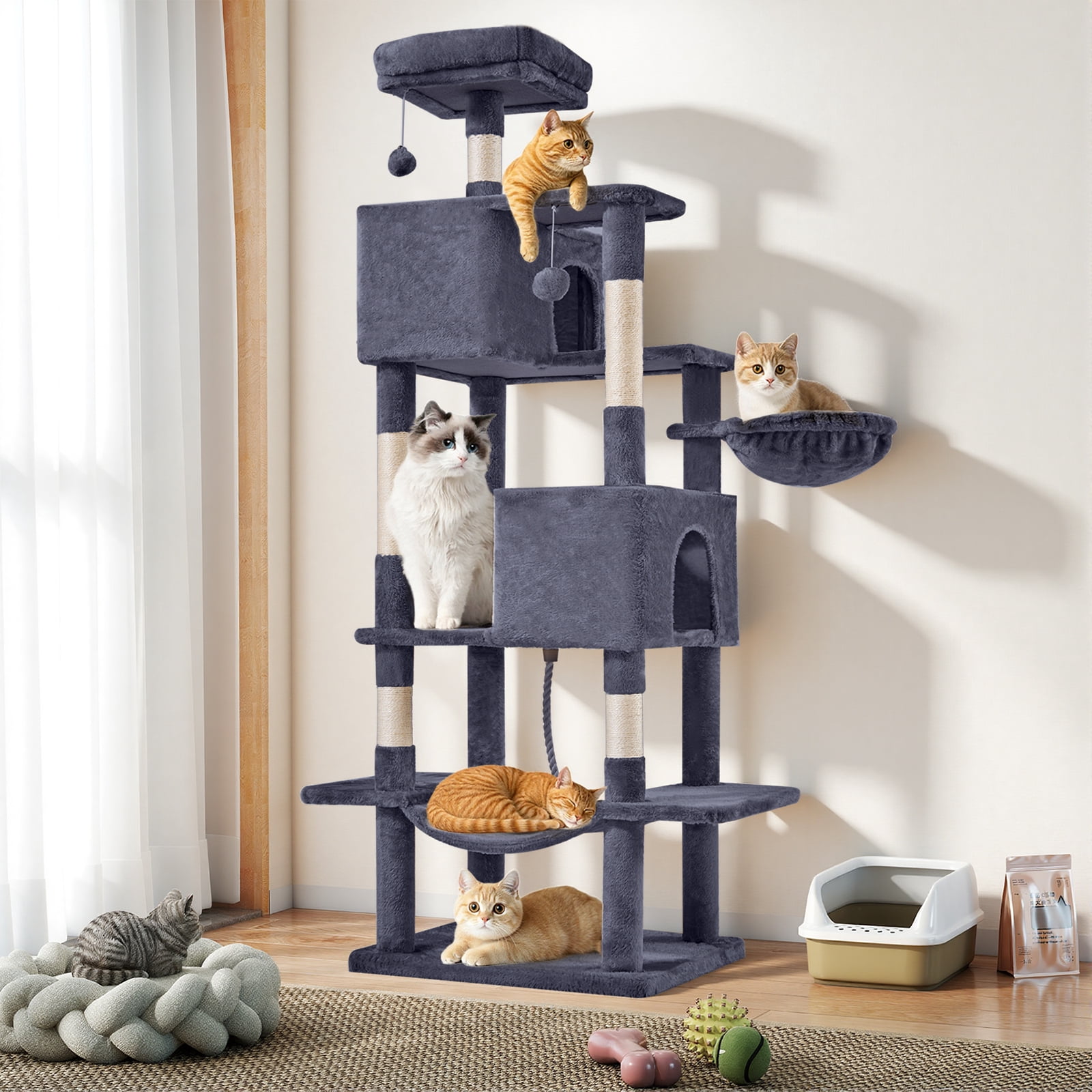 GIANNA 66-Inch Cat Tower with Large Condo, Climbing Ladder, and More Cat Stuff, Grey