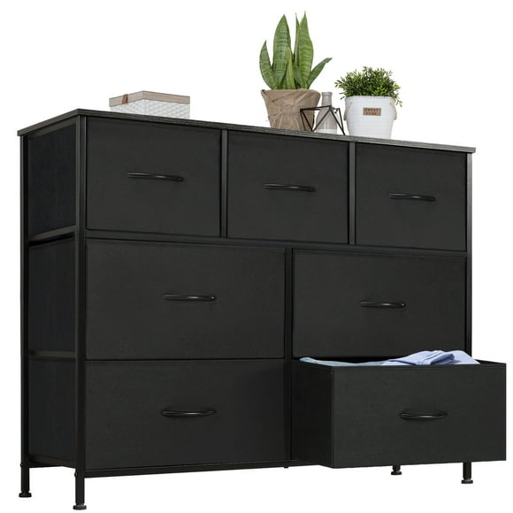 GIANNA 7 Drawer Chest Organizer with Fabric Bins, Dresser for Bedroom, Tall Steel Frame, Black