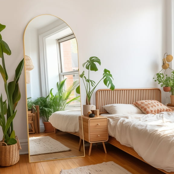 Zunmos 71"x26" Arched Full-Length Mirror with Stand or Wall, Gold Aluminum Frame for Bedroom or Livingroom