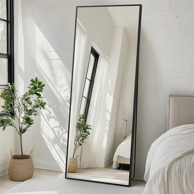 GIANNA 71"x26" Modern Full-Length Mirror with Stand or Wall, Black Aluminum Frame for Bedroom or Livingroom