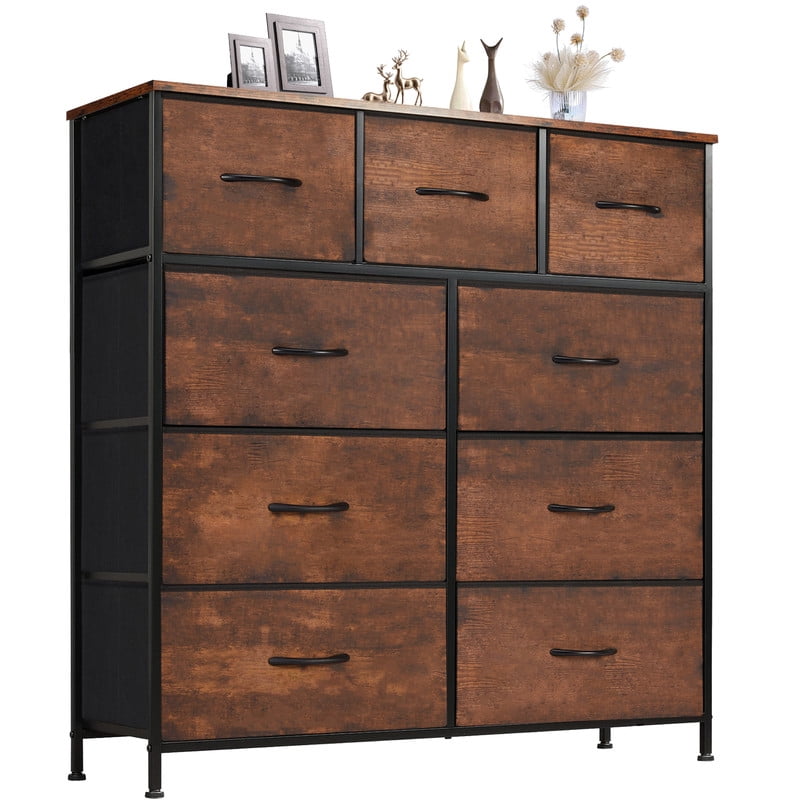 JIOABL 9 Drawer Chest Organizer with Fabric Bins, Dresser for Bedroom, Tall Steel Frame, Rustic Brown