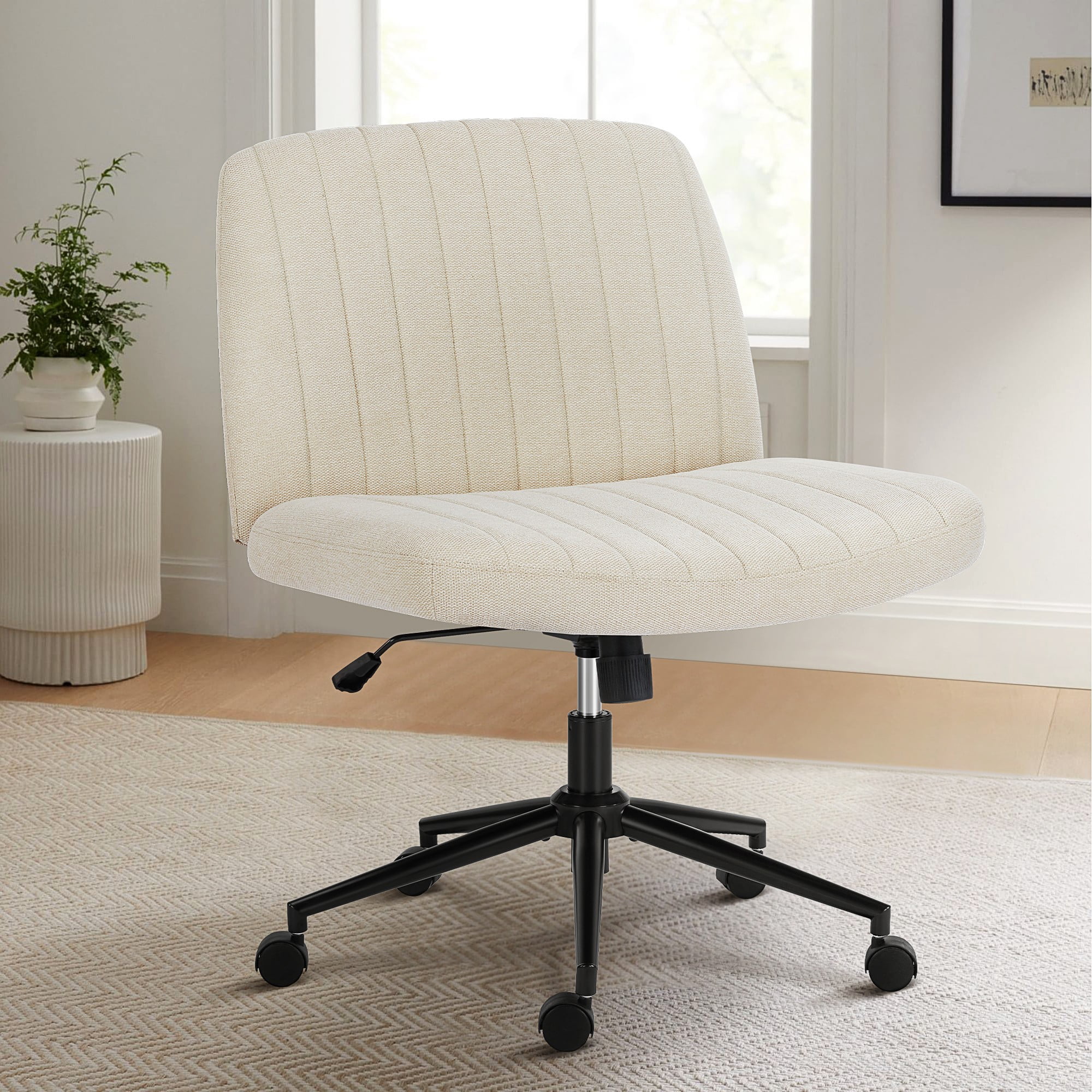 GIANNA Armless Criss Cross Legged Office Chair, Desk Chair With Wheels, Fabric, Beige