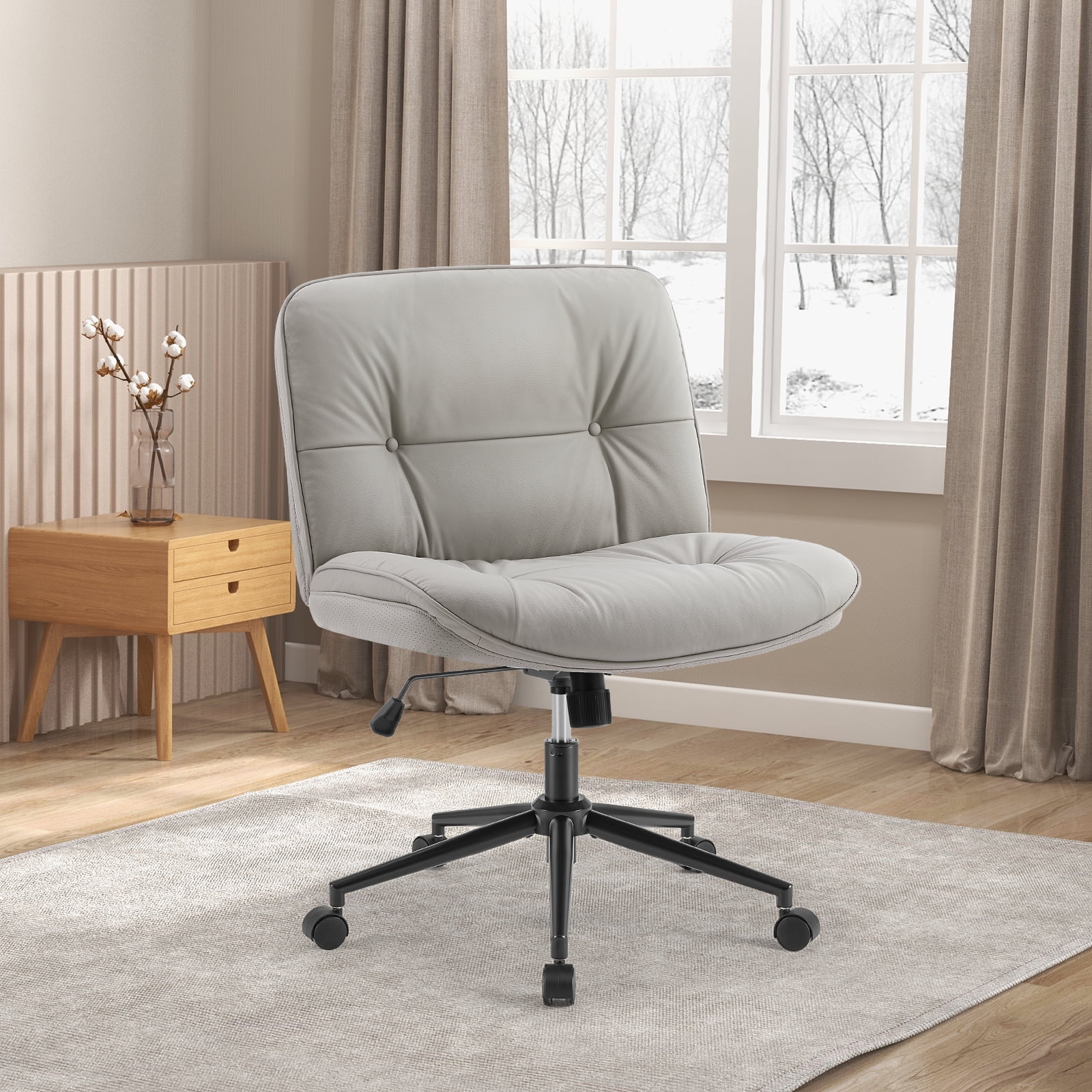JIOABL Armless Office Chair with Wheels, Wide Ergonomic PU Leather Swivel Chair with Height Adjustable, Comfortable Computer Accent Chair for Living or Bed Room, Khaki