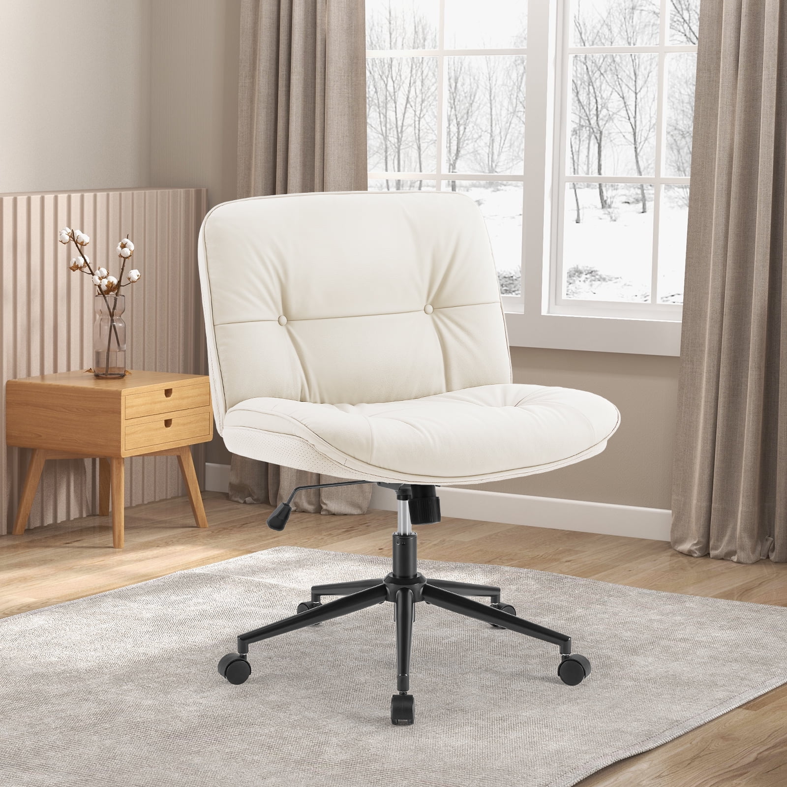 GIANNA Armless Office Desk PU Leather Wide Seat with Wheels, Criss Cross Legged Chair, Height Adjustable, Swivel, For Home Bedroom Office - Beige