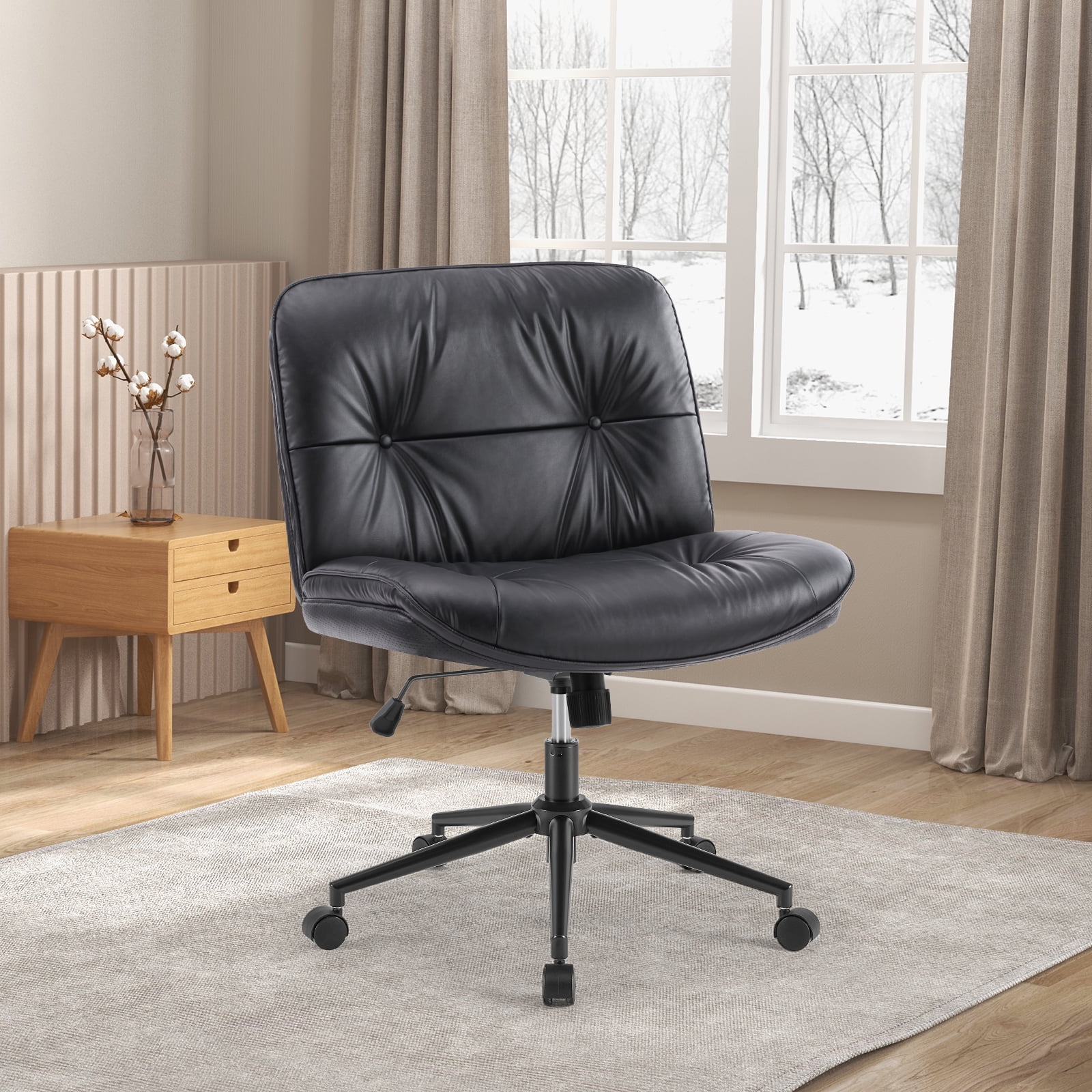 GIANNA Armless Office Desk PU Leather Wide Seat with Wheels, Criss Cross Legged Chair, Height Adjustable, Swivel, For Home Bedroom Office - Black