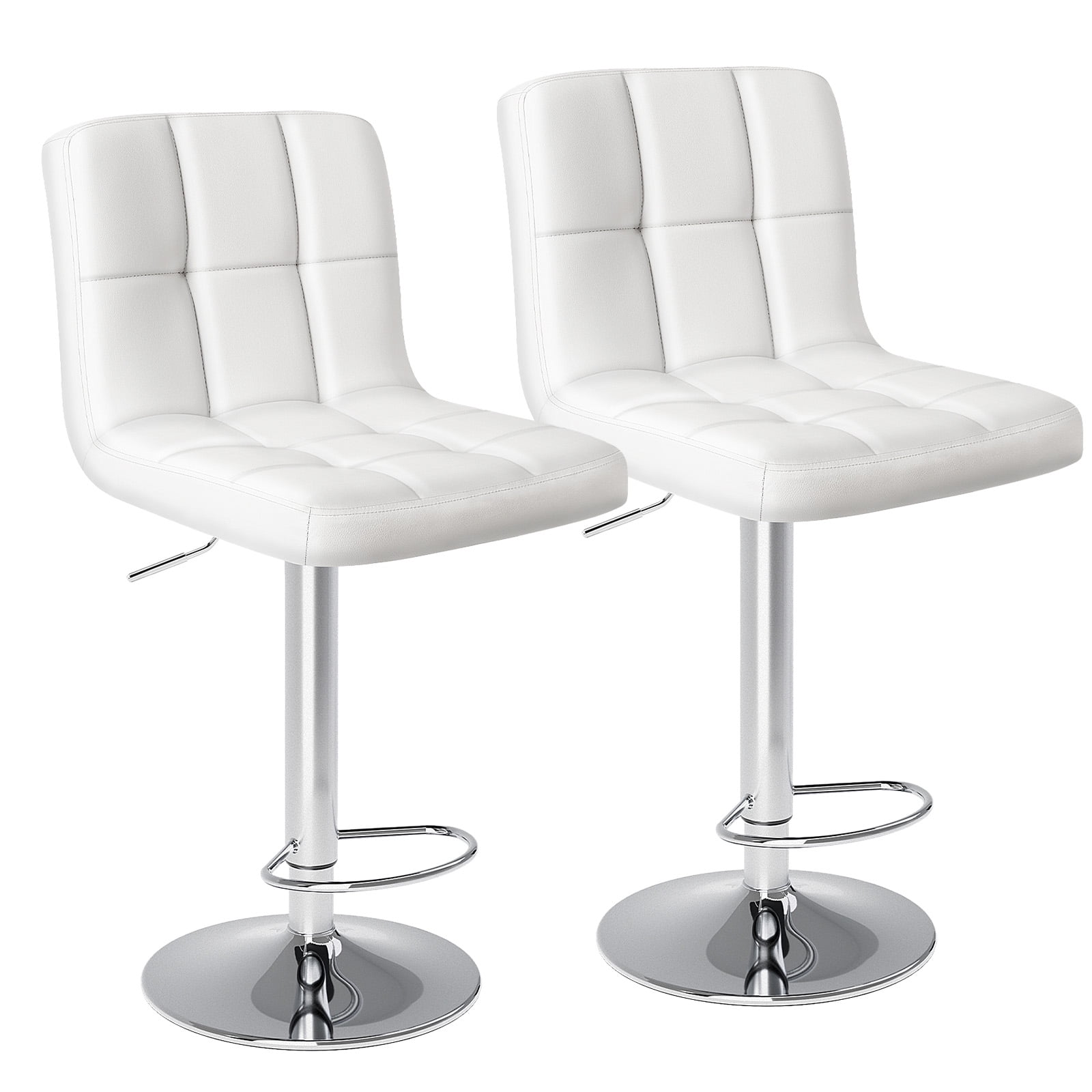 JIOABL Bar Stools Set of 2, Armless Adjustable Swivel Barstools, PU Leather Hydraulic Kitchen Counter Height Bar Stools, Thickened Seat Cushion Square Island Barstools with Back, White