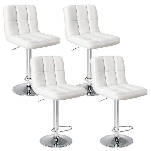 MCQ Bar Stools Set of 4, Armless Adjustable Swivel Barstools, PU Leather Hydraulic Kitchen Counter Height Bar Stools, Thickened Seat Cushion Square Island Barstools with Back, White