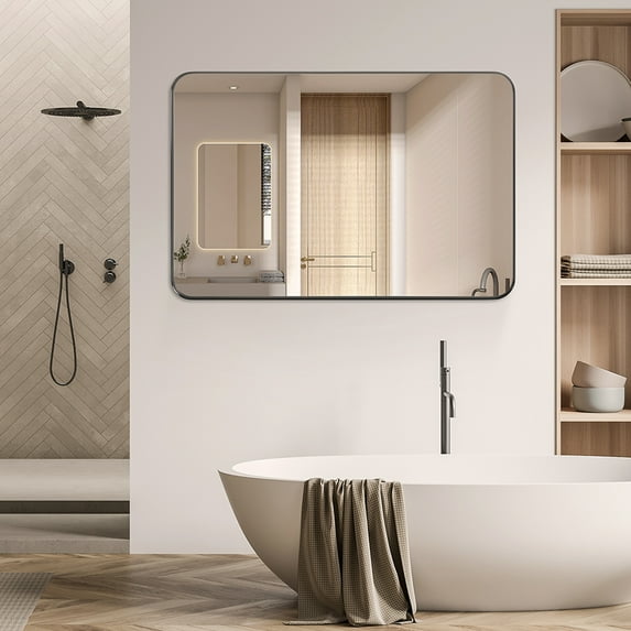 GIANNA Bathroom Mirror 30"x 22" for Wall, Matte Rounded Rectangle Wall Mirror with Metal Frame, Black