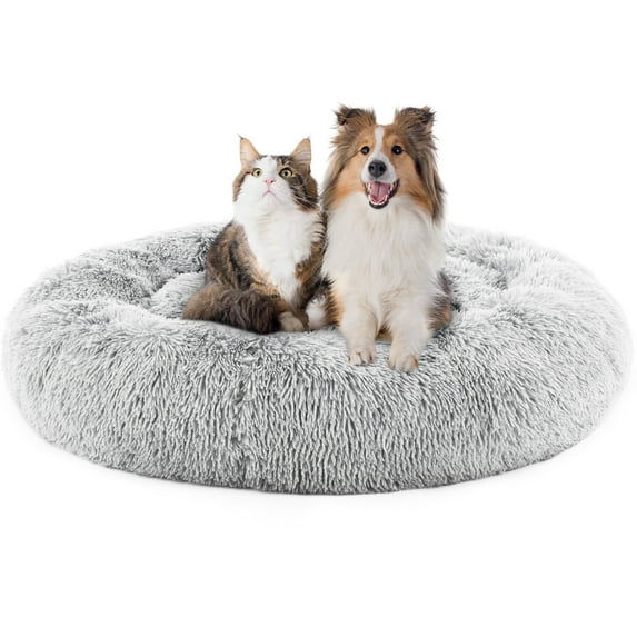 GIANNA Calming Donut Dog & Cat Bed, Machine Washable Cozy Fluffy Faux Fur Plush Round Dog Bed, Anti-Anxiety, Waterproof, Anti-Slip, 24 Inch, Gray