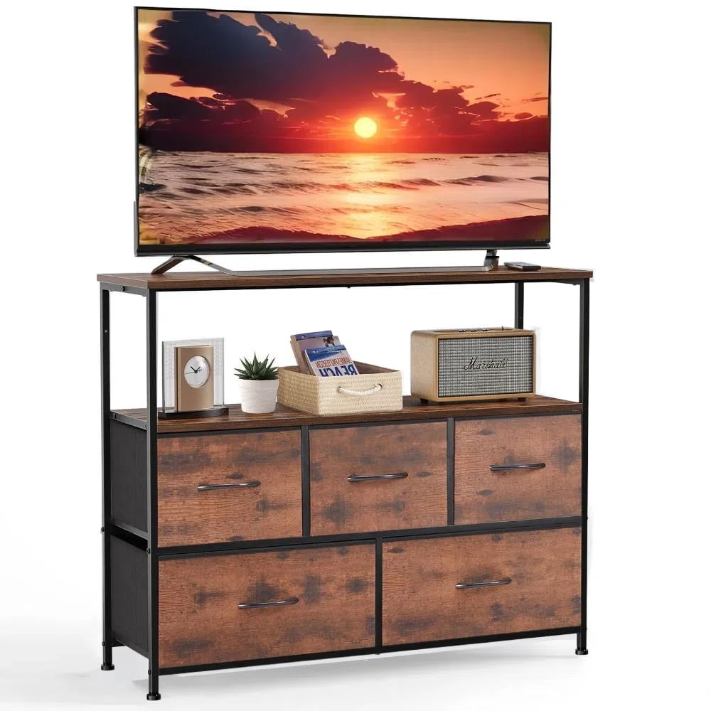 GIANNA Chest of Drawers, TV Cabinet Stand for Bedroom with 5 Fabric Drawers, Adjustable Feet Drawer Cabinet for Bedroom, Rustic Brown