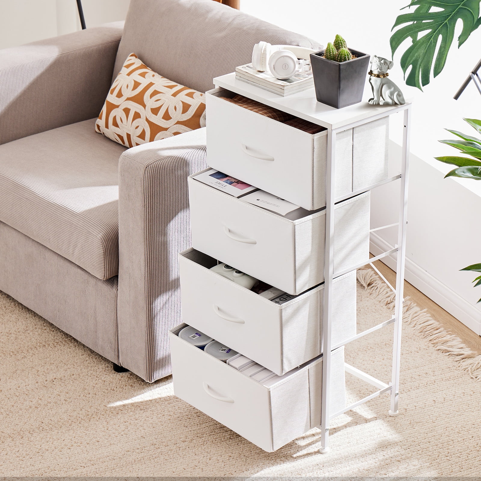GIANNA Chest of Drawers with 4 Drawers, Fabric Drawer Cabinet, Industrial Style for Living Room, Bedroom, White