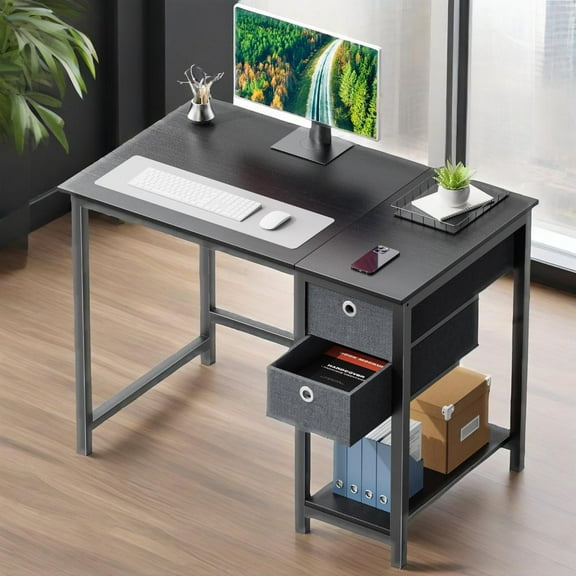 GIANNA Computer Desk with 2 Fabric Drawers, Office Desk with Side Hooks, 40 Inch, Black