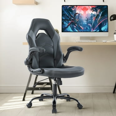 GIANNA Computer Gaming Chair, Ergonomic PU Leather Racing Chair with Flip-up Armrest, Black Grey