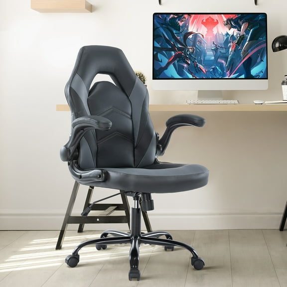 GIANNA Computer Gaming Chair, Ergonomic PU Leather Racing Chair with Flip-up Armrest, Black Grey