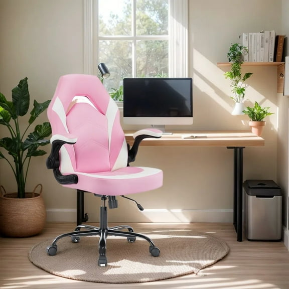 GIANNA Computer Gaming Desk Chair, Ergonomic Office Executive Adjustable Swivel PU Leather Racing Chair with Flip-up Armrest, Pink White