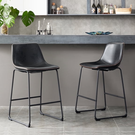 MCQ Counter Height Bar Stools Set of 2, Faux Leather 26 inch High Barstools with Back and Metal Leg, for Home Kitchen Office, Black