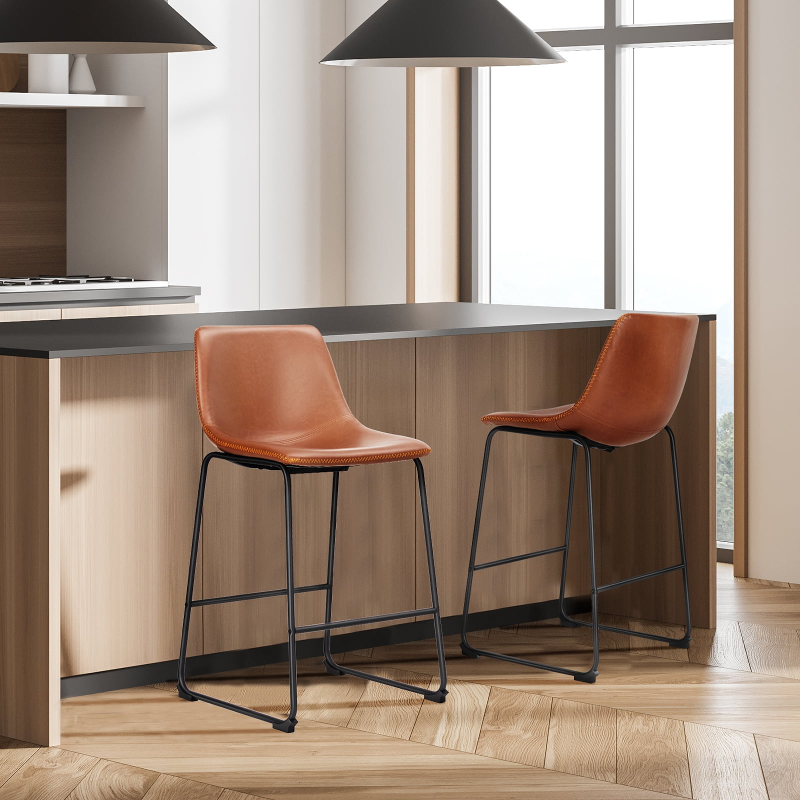 GIANNA Counter Height Bar Stools Set of 4, Faux Leather, Back and Metal Leg, 26 inch Height, for Home Kitchen Office, Brown