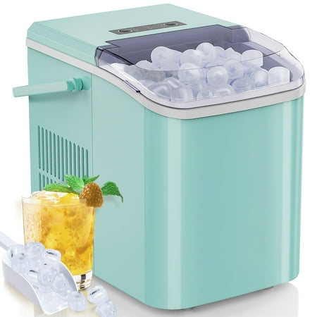 JOINSUN Countertop Ice Maker, Machine Self-Cleaning, 2 Sizes Bullet Ice, Portable Ice Machine with Ice Scoop, Basket and Handle, Green