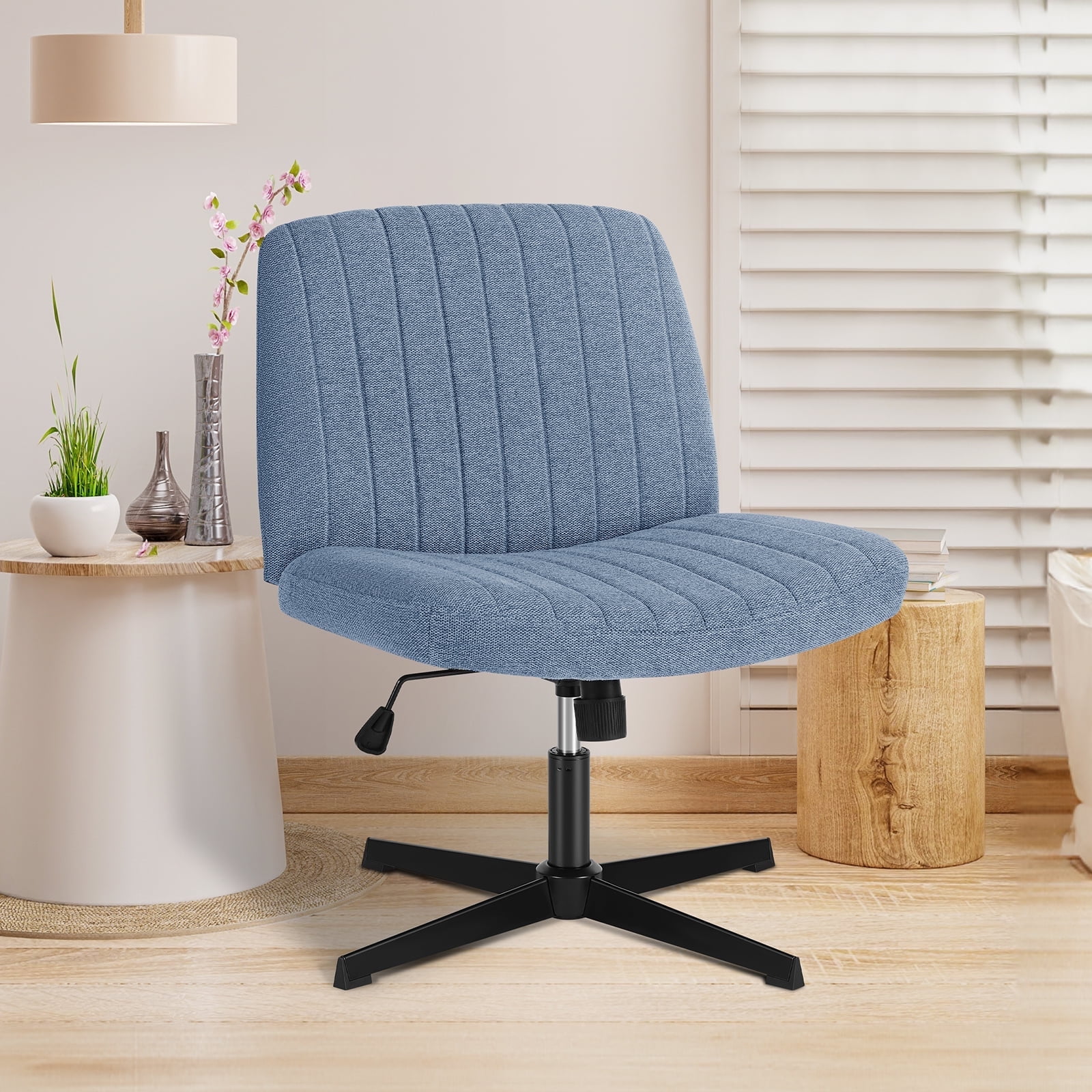 JIOABL Criss Cross Chair Armless Cross Legged Office Desk Chair Adjustable Swivel Ergonomic Desk Chair No Wheels U Shaped Backrest with Wide Seat Computer Task Vanity Chair for Home Office,Linen Blue