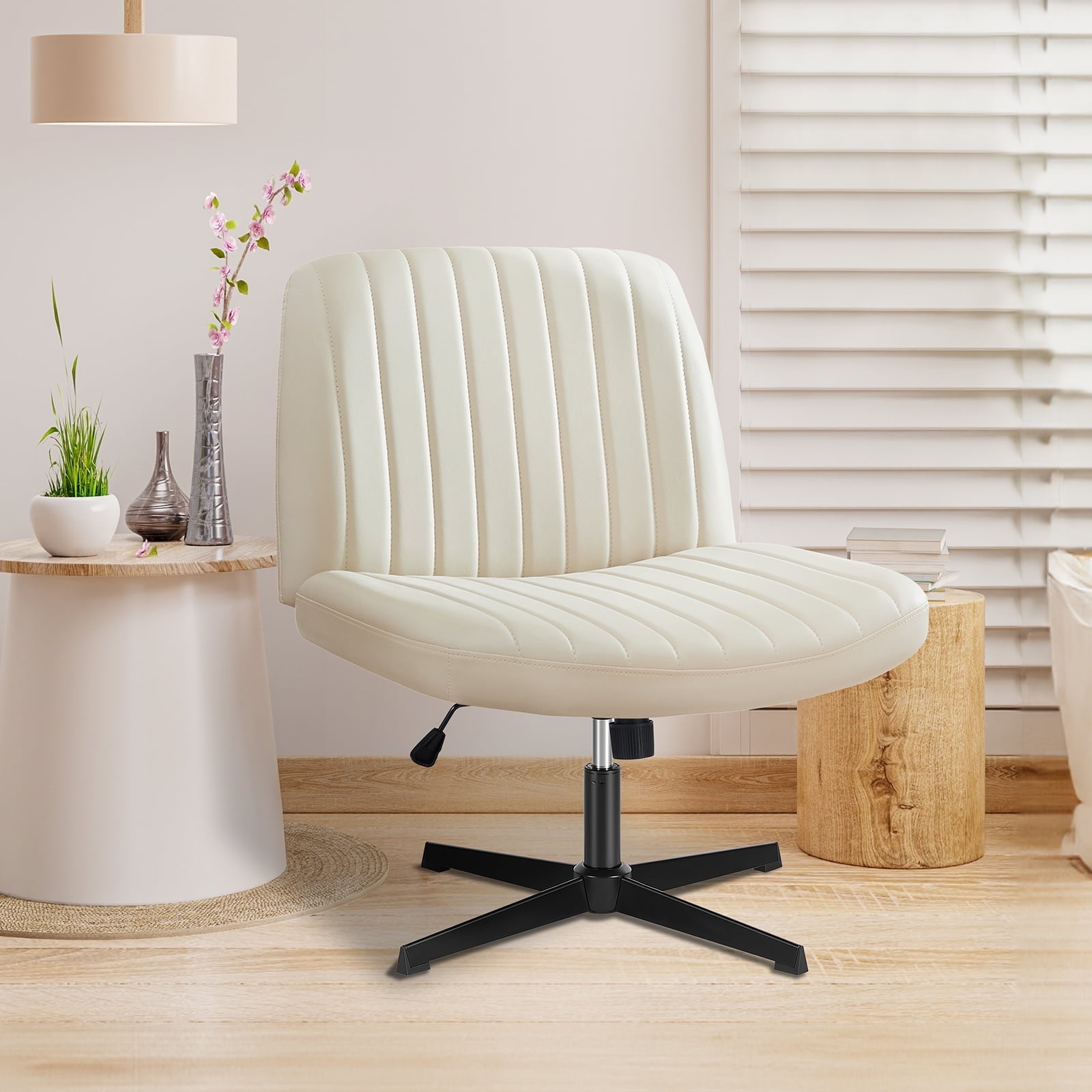 JIOABL Criss Cross Chair Armless Cross Legged Office Desk Chair Adjustable Swivel Ergonomic Desk Chair No Wheels U Shaped Backrest with Wide Seat Computer Task Vanity Chair for Home Office,PU Beige