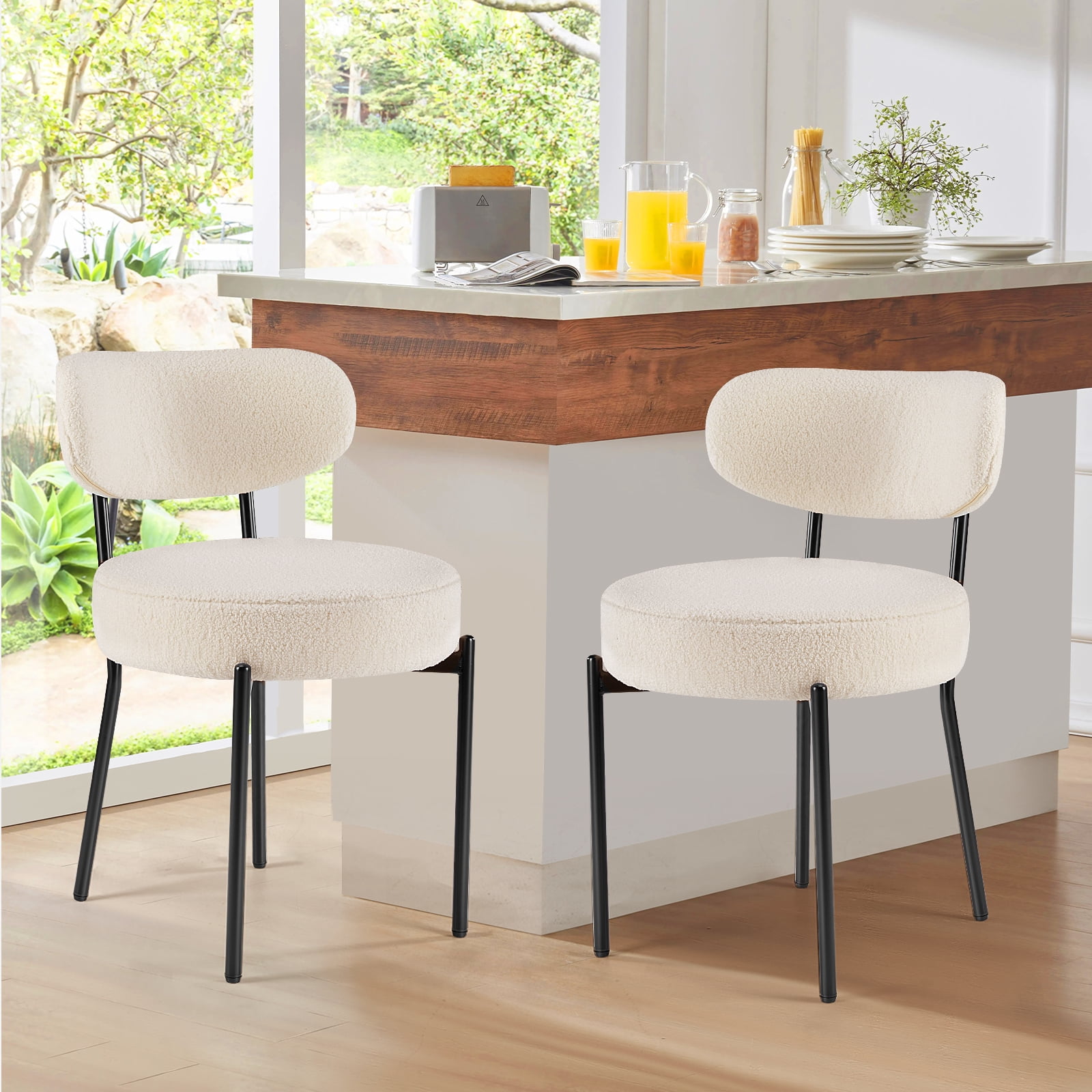 GIANNA Dining Chairs, Boucle Upholstered Kitchen Chairs, Curved Backrest & Metal Legs, White, 2 Packs