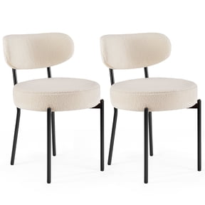 JIOABL Dining Chairs Set of 2, Boucle Upholstered Kitchen Chairs with Curved Backrest & Metal Legs, Mid Century Modern Round Dining Room Chairs for Vanity, Living Room, White