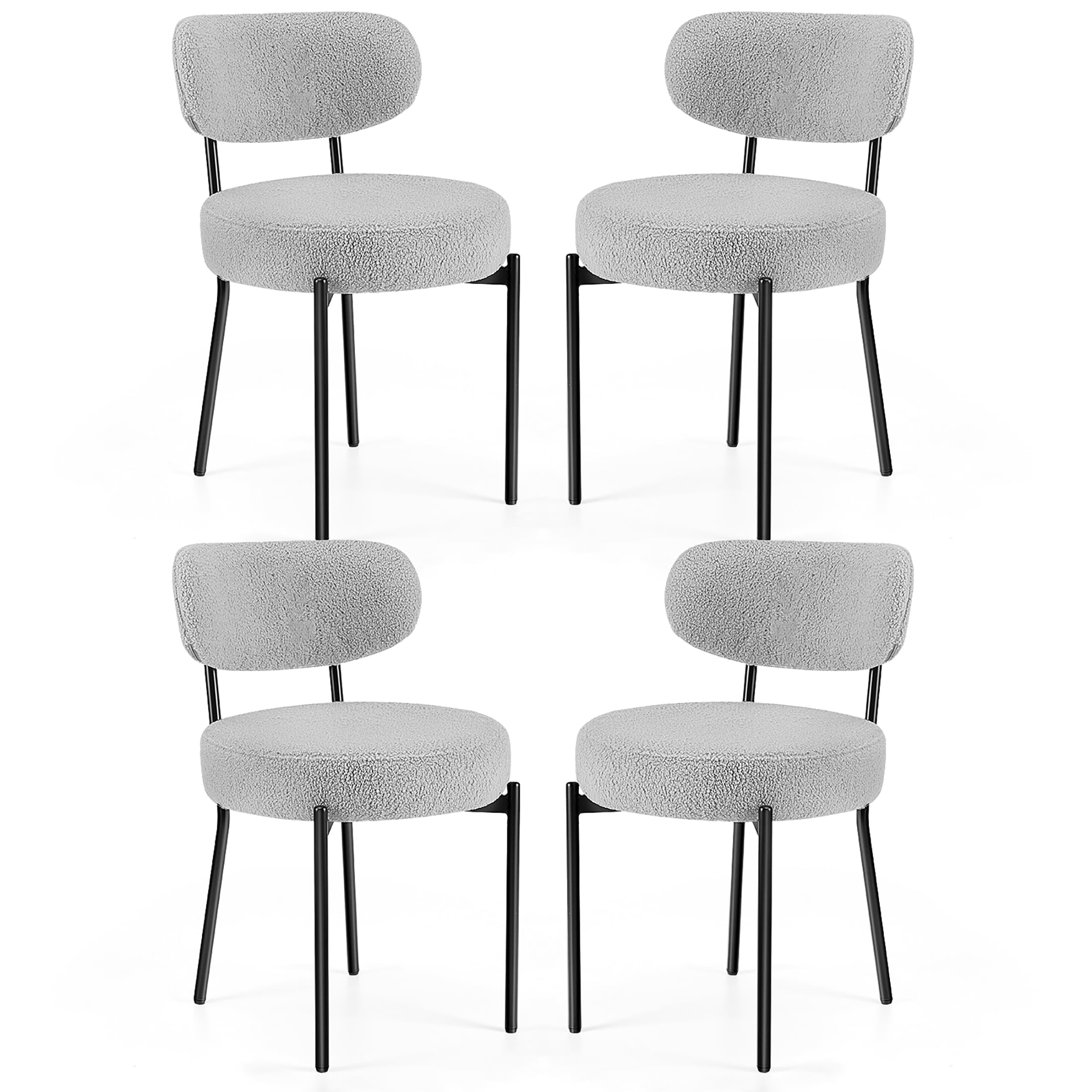 JIOABL Dining Chairs Set of 4, Boucle Upholstered Kitchen Chairs with Curved Backrest & Metal Legs, Mid Century Modern Round Dining Room Chairs for Vanity, Living Room, Gray