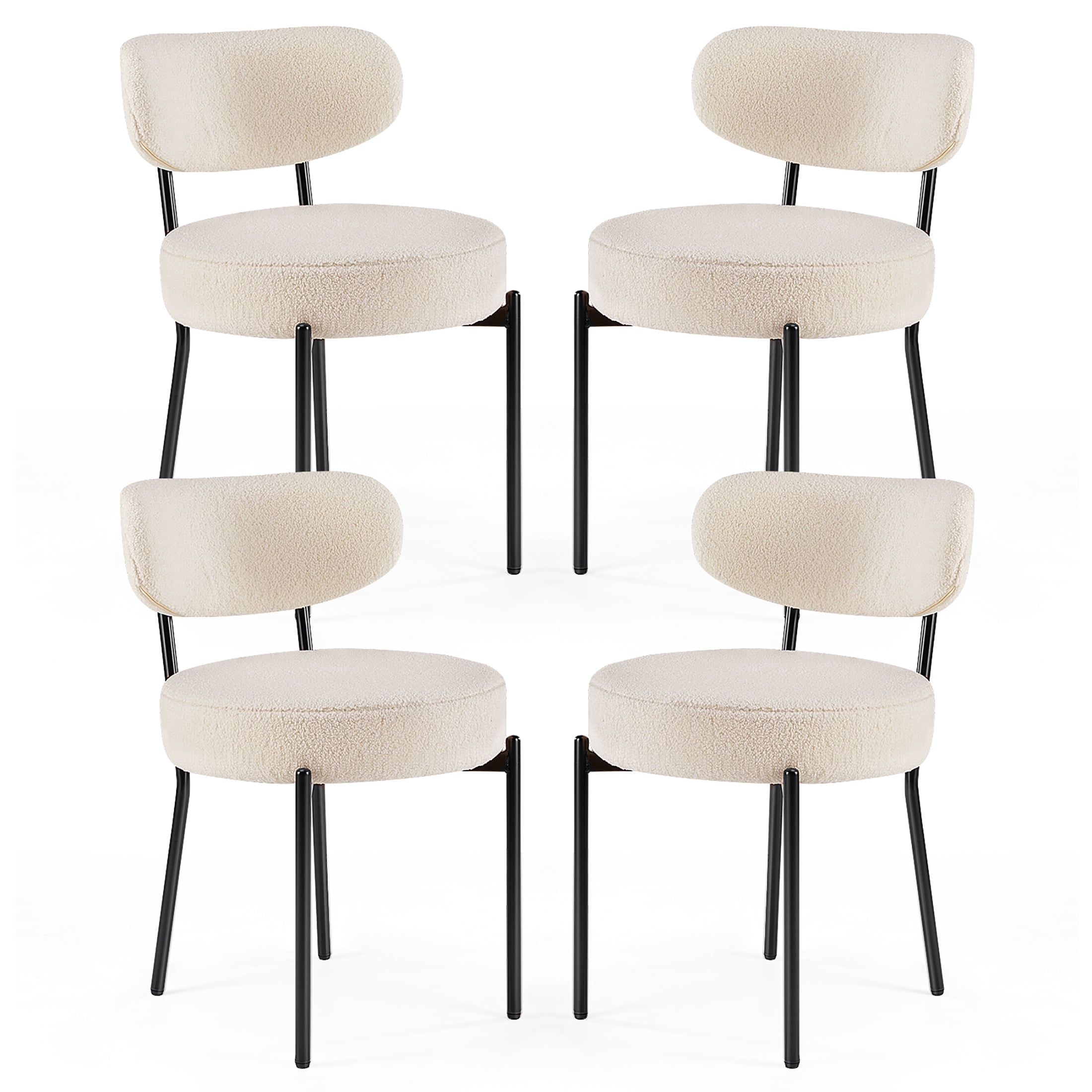 JIOABL Dining Chairs Set of 4, Boucle Upholstered Kitchen Chairs with Curved Backrest & Metal Legs, Mid Century Modern Round Dining Room Chairs for Vanity, Living Room, White