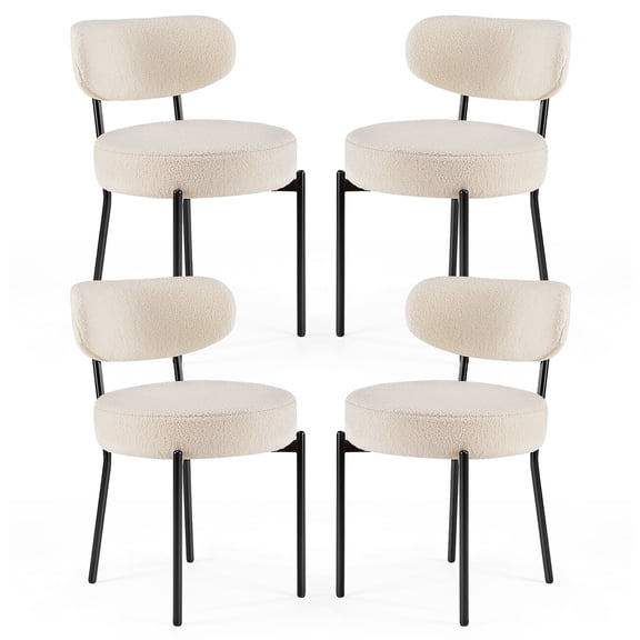 JIOABL Dining Chairs Set of 4, Boucle Upholstered Kitchen Chairs with Curved Backrest & Metal Legs, Mid Century Modern Round Dining Room Chairs for Vanity, Living Room, White