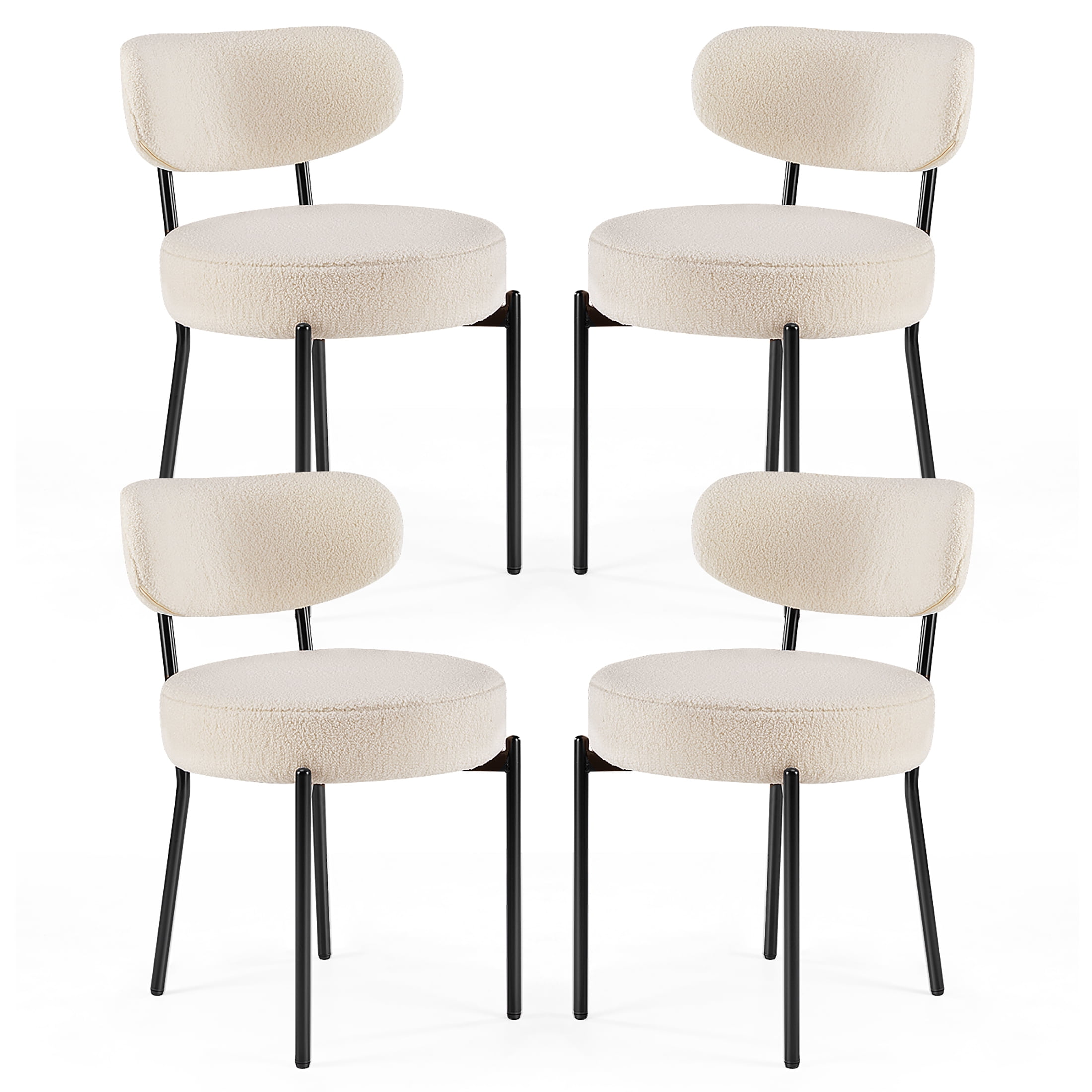 JIOABL Dining Chairs Set of 4, Boucle Upholstered Kitchen Chairs with Curved Backrest & Metal Legs, Mid Century Modern Round Dining Room Chairs for Vanity, Living Room, White